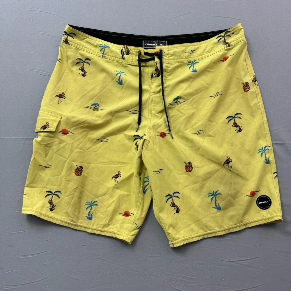 ONeill Mens Yellow Tropical Flamingo‎ Palm Tree Board Shorts Size 36 Swim Trunks
